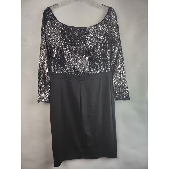 Venus Womens Cocktail Dress Large Black Sequined Long Sleeve Scoop Neck Glam - Picture 5 of 7